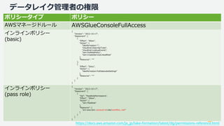 © 2019, Amazon Web Services, Inc. or its Affiliates. All rights reserved. Amazon Confidential and Trademark
データレイク管理者の権限
ポリシータイプ ポリシー
AWSマネージドルール AWSGlueConsoleFullAccess
インラインポリシー
(basic)
{
"Version": "2012-10-17",
"Statement": [
{
"Effect": "Allow",
"Action": [
"lakeformation:*",
"cloudtrail:DescribeTrails",
"cloudtrail:LookupEvents",
"iam:PutRolePolicy",
"iam:CreateServiceLinkedRole"
],
"Resource": "*"
},
{
"Effect": "Deny",
"Action": [
"lakeformation:PutDataLakeSettings"
],
"Resource": "*"
}
]
}
インラインポリシー
(pass role)
{
"Version": "2012-10-17",
"Statement": [
{
"Sid": "PassRolePermissions",
"Effect": "Allow",
"Action": [
"iam:PassRole"
],
"Resource": [
"arn:aws:iam::account-id:role/workflow_role"
]
}
]
}
https://docs.aws.amazon.com/ja_jp/lake-formation/latest/dg/permissions-reference.html
 
