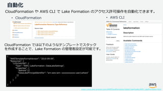 © 2019, Amazon Web Services, Inc. or its Affiliates. All rights reserved. Amazon Confidential and Trademark
自動化
CloudFormation では以下のようなテンプレートでスタック
を作成することで、Lake Formation の管理者設定が可能です。
https://docs.aws.amazon.com/AWSCloudFormation/latest/UserGuide/AWS_LakeFormation.html
{
"AWSTemplateFormatVersion": "2010-09-09",
"Resources": {
"LFDLS4VYBJ": {
"Type": "AWS::LakeFormation::DataLakeSettings",
"Properties": {
"Admins":[{
"DataLakePrincipalIdentifier": "arn:aws:iam::xxxxxxxxxxxx:user/uehara"
}]
}
}
}
}
CloudFormation や AWS CLI で Lake Formation のアクセス許可操作を自動化できます。
• CloudFormation • AWS CLI
 