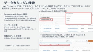 © 2019, Amazon Web Services, Inc. or its Affiliates. All rights reserved. Amazon Confidential and Trademark
データカタログの検索
• Resource Attributes 検索
Classification(例えばPARQUET),
Database(例えばDatabaseA), Location(例
えばs3),Name(テーブル名で例えばTableA)
• キーワード検索
データベース名、テーブル名、列名、
Description などのメタデータをキーワード
検索
• 複数のフィルタ検索
上記のいくつかを組み合わせて検索
 Classification を PARQUET、Location を s3、Keyword を
accountnumber(列名) で複数フィルタ検索
 Classification を PARQUETで検索
Lake Formation では、テキストベースのファセット検索を全メタデータに対して行えるため、分析に
利用可能なデータセットのカタログにセルフサービスでアクセスできます。
※複数のキーワードは組み合わせられない
 