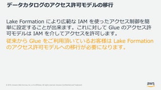 © 2019, Amazon Web Services, Inc. or its Affiliates. All rights reserved. Amazon Confidential and Trademark
データカタログのアクセス許可モデルの移行
Lake Formation により広範な IAM を使ったアクセス制御を簡
単に設定することが出来ます。これに対して Glue のアクセス許
可モデルは IAM を介してアクセスを許可します。
従来から Glue をご利用頂いているお客様は Lake Formation
のアクセス許可モデルへの移行が必要になります。
 