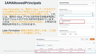 © 2019, Amazon Web Services, Inc. or its Affiliates. All rights reserved. Amazon Confidential and Trademark
IAMAllowedPrincipals
Lake Formation は、既存の Glue データカタログ
との互換性のために有効化された”grant All to
IAMAllowedPrincipals”で利用を開始します。これ
には、既存の Glue アクセス許可を引き続き有効に
するデフォルトのアクセス許可が含まれています。
これは「All to IAMAllowedPrincipals」と呼ばれる
特別な許可を介して行われます。
Lake Formation 権限の使用に移行した後、この設
定を無効にすることをお勧めします。
 