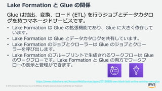 © 2019, Amazon Web Services, Inc. or its Affiliates. All rights reserved. Amazon Confidential and Trademark
Lake Formation と Glue の関係
• Lake Formation は Glue の拡張機能であり、Glue に大きく依存して
います。
• Lake Formation は Glue とデータカタログを共有しています。
• Lake Formation のジョブとクローラーは Glue のジョブとクロー
ラーを呼び出します。
• Lake Formation のブループリントで生成されるワークフローは Glue
のワークフローです。Lake Formation と Glue の両方でワークフ
ローの表示と管理ができます。
Glue は抽出、変換、ロード (ETL) を行うジョブとデータカタロ
グを持つマネージドサービスです。
https://www.slideshare.net/AmazonWebServicesJapan/20190806-aws-black-belt-online-seminar-aws-glue
 