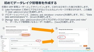 © 2019, Amazon Web Services, Inc. or its Affiliates. All rights reserved. Amazon Confidential and Trademark
初めてデータレイク管理者を作成する
任意の IAM 管理ユーザーとしてサインインします。①または②を行った後③を実行します。
① Lake Formation に初めてアクセスするとウェルカムメッセージが表示されます。この画面
で [Add administrator]を選択します。
② ナビゲーションペインで、[Admins and database creators]を選択します。次に、”Data
lake administrators”で、[Grant]を選択します。
③ [Manage data lake administrators]ダイアログボックスの”IAM users and roles”
で、 データレイク管理者になるユーザーを選択し、[Save]を選択します。
https://docs.aws.amazon.com/ja_jp/lake-formation/latest/dg/getting-started-setup.html
①
②
③
 