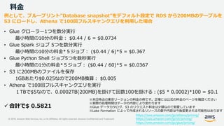 © 2019, Amazon Web Services, Inc. or its Affiliates. All rights reserved. Amazon Confidential and Trademark
料金
例として、ブループリント”Database snapshot”をデフォルト設定で RDS から200MBのテーブルを
S3 にロードし、Athena で100回フルスキャンクエリを利用した場合
• Glue クローラー1つを数分実行
最小時間の10分の料金： $0.44 / 6 = $0.0734
• Glue Spark ジョブ 5つを数分実行
最小時間の10分の料金*５ジョブ： ($0.44 / 6)*5 = $0.367
• Glue Python Shell ジョブ5つを数秒実行
最小時間の1分の料金*５ジョブ： ($0.44 / 60)*5 = $0.0367
• S3 に200MBのファイルを保存
1GBあたり$0.025なので200MB換算： $0.005
• Athena で100回フルスキャンクエリを実行
１TBで$5なので、0.0002TB(200MB)を掛けて回数100を掛ける：($5 * 0.0002)*100 = $0.1
 合計で$ 0.5821
※本日時点の東京リージョンの料金の例です。正確には公式の料金のページを確認ください
※実際の処理時間はデータの内容により変わります
※Glue データカタログ、S3 のリクエスト料金は少額なので割愛しています
※Lake Formation によって作成されるリソースの数や内容は今後変更される可能性はあります
https://aws.amazon.com/jp/athena/pricing/
https://aws.amazon.com/jp/s3/pricing/
https://aws.amazon.com/jp/glue/pricing/
 