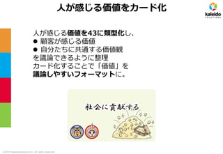 ©2019 kaleidosolutions inc. all rights reserved
人が感じる価値をカード化
人が感じる価値を43に類型化し、
⚫ 顧客が感じる価値
⚫ 自分たちに共通する価値観
を議論できるように整理
カード化することで「価値」を
議論しやすいフォーマットに。
 