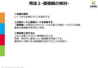 ©2019 kaleidosolutions inc. all rights reserved
用途２-価値観の検討-
①お題の選択
いくつかのお題から1つを選択する
②分類カードに価値カードを配置する
「価値観」が類型化されたカードを全員で分類カードの下に配置。
重要な価値観を相対的に判別。
③再配置と絞り込み
上位に位置づけられた価値観をまとめ、
再度、相対的に重視したい価値観を明確にする。
最終的に合意できる価値観を設定することを目指す。
 
