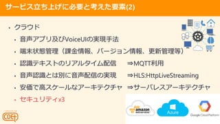 @Voice World Z meetup Vol.6 (10/4)
`ӥϤ˱ҪȿҪ(2)
? 饦
? ץ꼰VoiceUIΌgFַ
? ĩ״Bn󡢥Щ`󡢸¹ȣ
? JRƥȤΥꥢ륿 ?MQTT
? JRȤτeŤΌgF ?HLS:HttpLiveStreaming
? Ǹߥ`ʥ`ƥ ?`Х쥹`ƥ
? ƥx3
 