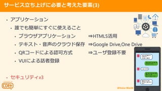 @Voice World Z meetup Vol.6 (10/4)
`ӥϤ˱ҪȿҪ(3)
? ץꥱ`
? lǤ⺆gˤʹ뤳
? ֥饦ץꥱ` ?HTML5
? ƥ?Υ饦ɱ ?Google Drive,One Drive
? QR`ɤˤJɷʽ ?`hҪ
? VUIˤԒߵh
? ƥx3
 