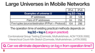 3
Large Universes in Mobile Networks
The operation time of existing practical methods depends on
log |U| = log n (Large in...