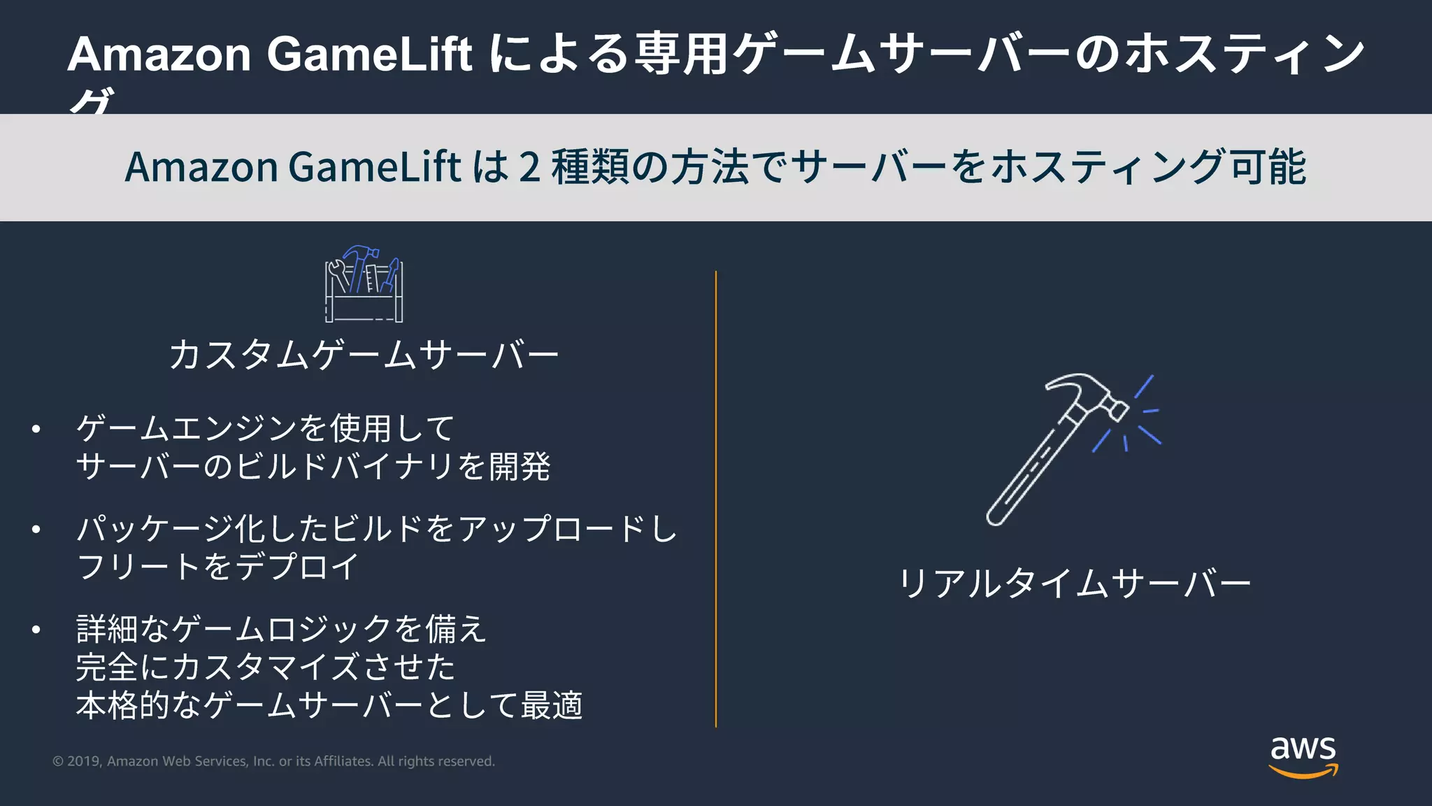 © 2019, Amazon Web Services, Inc. or its Affiliates. All rights reserved.
Amazon GameLift
•
•
•
 