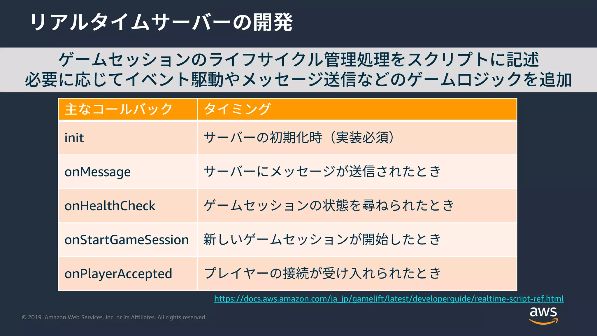 © 2019, Amazon Web Services, Inc. or its Affiliates. All rights reserved.
init
onMessage
onHealthCheck
onStartGameSession
onPlayerAccepted
https://docs.aws.amazon.com/ja_jp/gamelift/latest/developerguide/realtime-script-ref.html
 