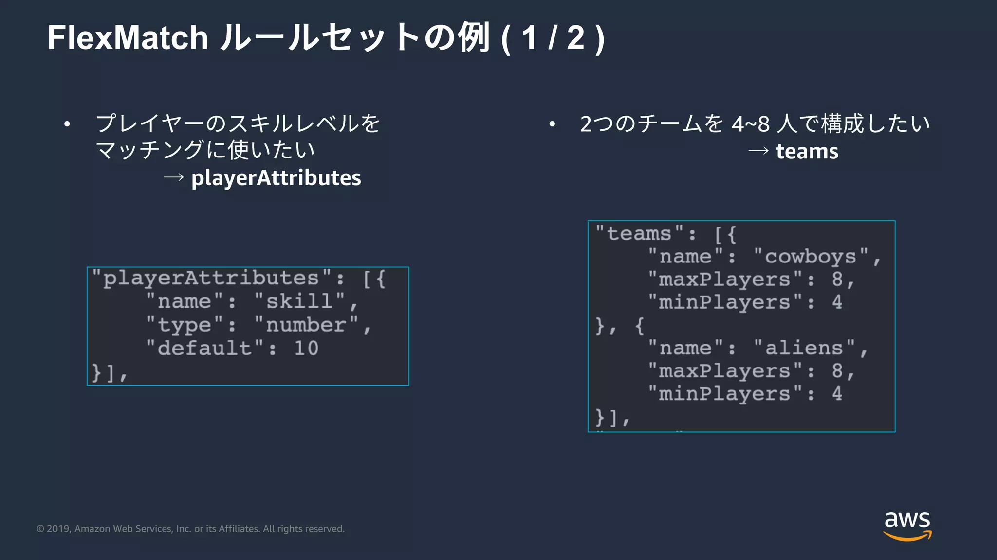 © 2019, Amazon Web Services, Inc. or its Affiliates. All rights reserved.
FlexMatch ( 1 / 2 )
•
→ playerAttributes
• 2 4~8
→ teams
 