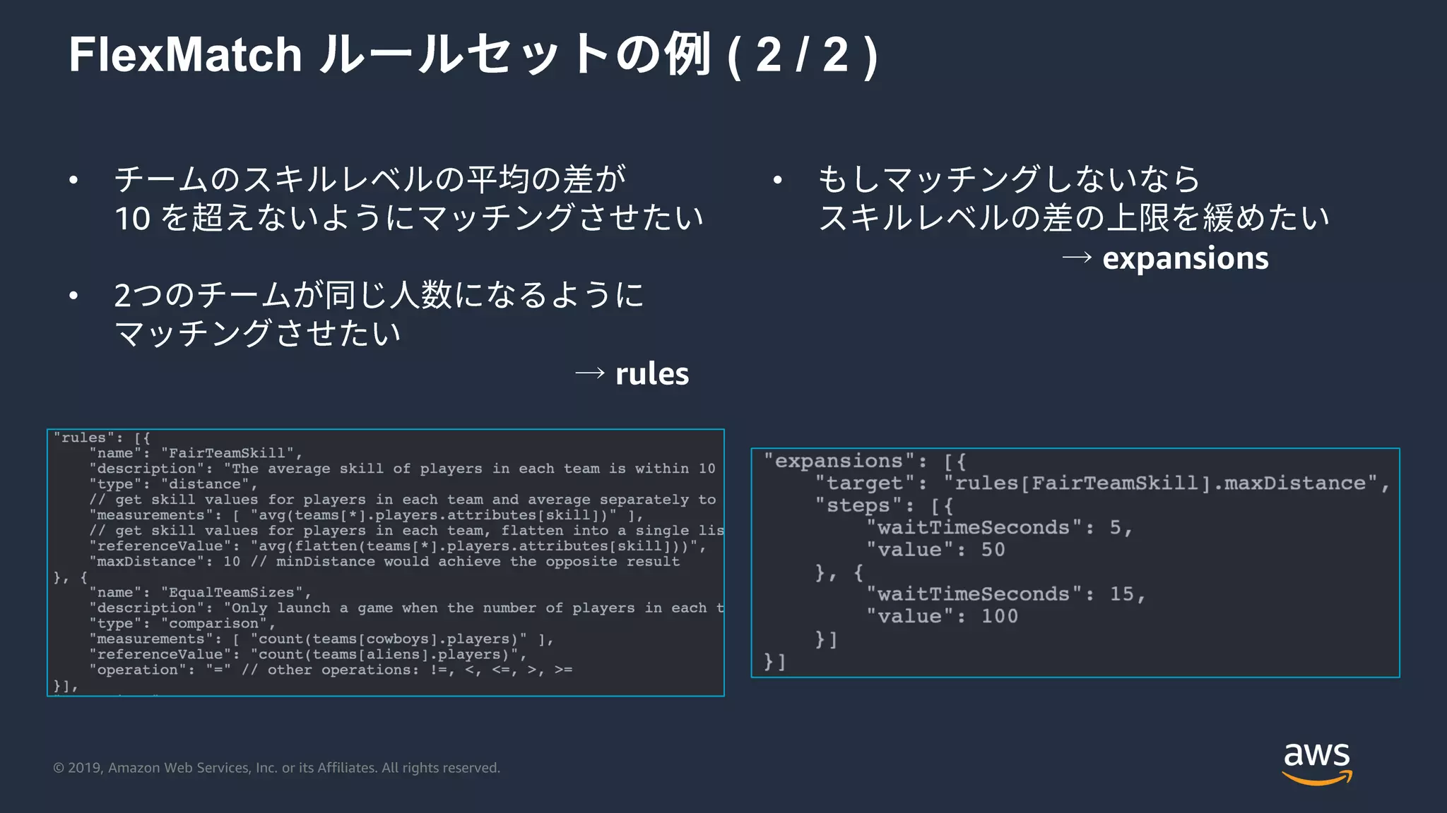 © 2019, Amazon Web Services, Inc. or its Affiliates. All rights reserved.
FlexMatch ( 2 / 2 )
•
10
• 2
→ rules
•
→ expansions
 