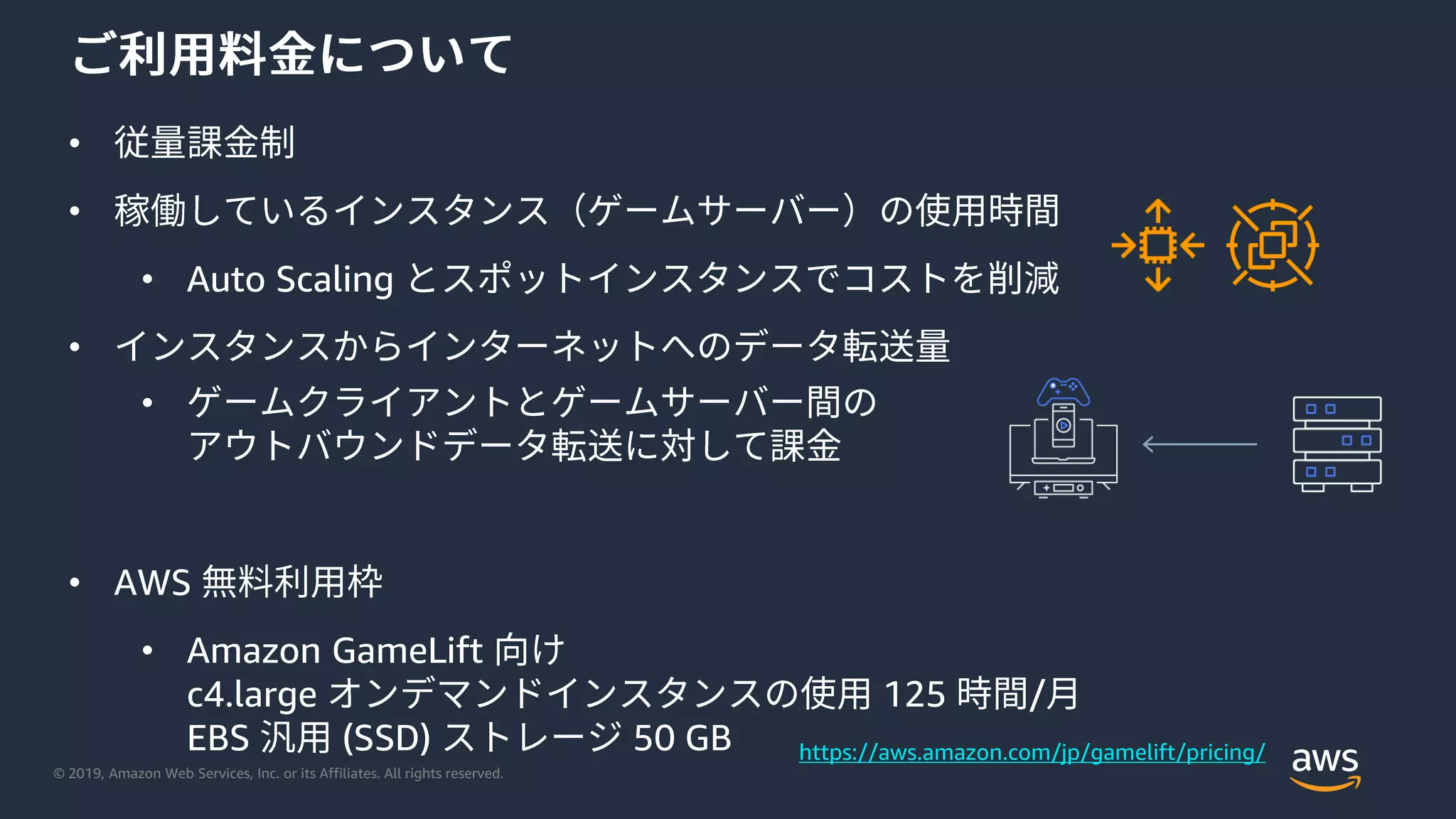 © 2019, Amazon Web Services, Inc. or its Affiliates. All rights reserved.
•
•
• Auto Scaling
•
•
• AWS
• Amazon GameLift
c4.large 125 /
EBS (SSD) 50 GB https://aws.amazon.com/jp/gamelift/pricing/
 