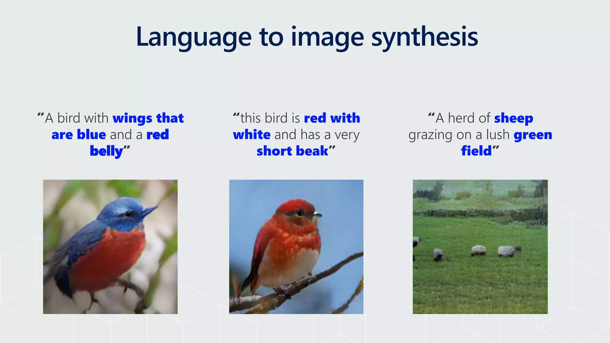Language to image synthesis
”A bird with wings that
are blue and a red
belly”
“this bird is red with
white and has a very
short beak”
“A herd of sheep
grazing on a lush green
field”
 