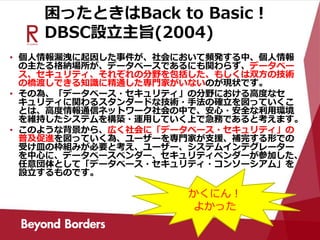 困ったときはBack to Basic！
DBSC設立主旨(2004)
• 個人情報漏洩に起因した事件が、社会において頻発する中、個人情報
の主たる格納場所が、データベースであるにも関わらず、データベー
ス、セキュリティ、それぞれの分野を包括した、もしくは双方の技術
の橋渡しできる知識に精通した専門家がいないのが現状です。
• その為、「データベース・セキュリティ」の分野における高度なセ
キュリティに関わるスタンダードな技術・手法の確立を図っていくこ
とは、高度情報通信ネットワーク社会の中で、安心・安全な利用環境
を維持したシステムを構築・運用していく上で急務であると考えます。
• このような背景から、広く社会に「データベース・セキュリティ」の
普及促進を図っていく為、ユーザーを専門家が支援、補完する形での
受け皿の枠組みが必要と考え、ユーザー、システムインテグレーター
を中心に、データベースベンダー、セキュリティベンダーが参加した、
任意団体として「データベース・セキュリティ・コンソーシアム」を
設立するものです。
かくにん！
よかった
 
