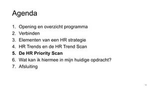 Agenda
1. Opening en overzicht programma
2. Verbinden
3. Elementen van een HR strategie
4. HR Trends en de HR Trend Scan
5. De HR Priority Scan
6. Wat kan ik hiermee in mijn huidige opdracht?
7. Afsluiting
34
 
