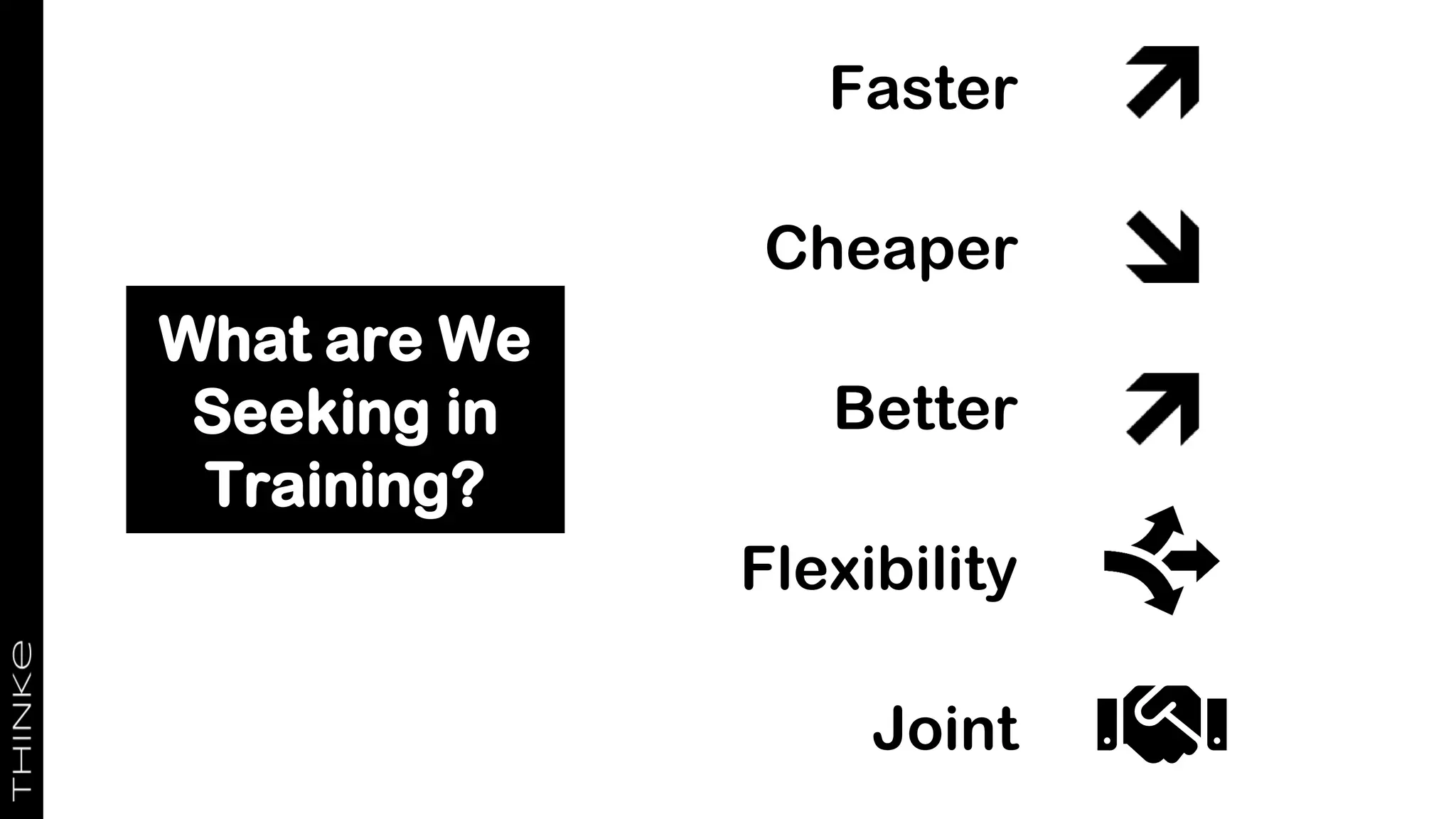 What are We
Seeking in
Training?
Faster
Cheaper
Better
Flexibility
Joint
 
