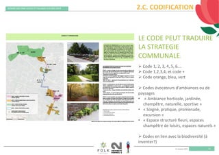 11 octobre 2019
REMISE DES PRIX VILLES ET VILLAGES FLEURIS 2019
23
2.C. CODIFICATION
LE CODE PEUT TRADUIRE 
LA STRATEGIE 
COMMUNALE:
 Code 1, 2, 3, 4, 5, 6….
 Code 1,2,3,4, et code +
 Code orange, bleu, vert
 Codes évocateurs d’ambiances ou de 
paysages
• « Ambiance horticole, jardinée, 
champêtre, naturelle, sportive »
• « Soigné, pratique, promenade, 
excursion » 
• « Espace structuré fleuri, espaces 
champêtre de loisirs, espaces naturels »
 Codes en lien avec la biodiversité (à 
inventer?) 
 