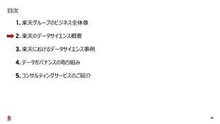 10
目次
楽天グループのビジネス全体像
楽天のデータサイエンス概要
楽天におけるデータサイエンス事例
データガバナンスの取り組み
コンサルティングサービスのご紹介
 