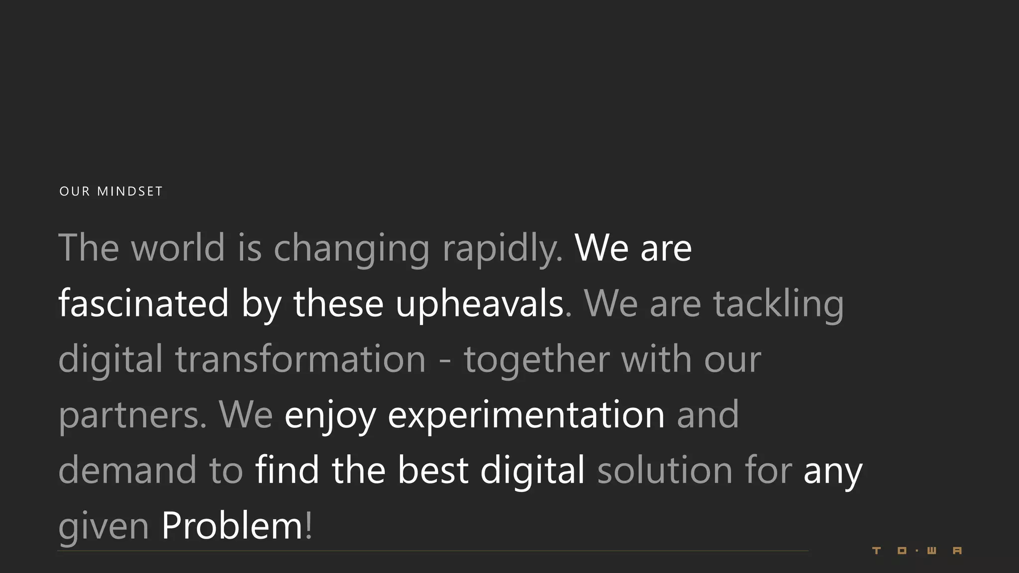 OUR MINDSE T
The world is changing rapidly. We are
fascinated by these upheavals. We are tackling
digital transformation - together with our
partners. We enjoy experimentation and
demand to find the best digital solution for any
given Problem!
 