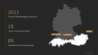2011
Wurde die TOWA Digitalagentur gegründet.
28
Jahre ist unser Durchschnittsalter.
84
Mitarbeiter sind bei TOWA beschäftigt.
 