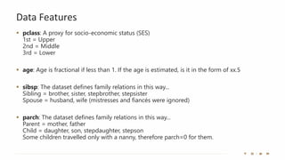 Data Features
▪ pclass: A proxy for socio-economic status (SES)
1st = Upper
2nd = Middle
3rd = Lower
▪ age: Age is fractional if less than 1. If the age is estimated, is it in the form of xx.5
▪ sibsp: The dataset defines family relations in this way...
Sibling = brother, sister, stepbrother, stepsister
Spouse = husband, wife (mistresses and fiancés were ignored)
▪ parch: The dataset defines family relations in this way...
Parent = mother, father
Child = daughter, son, stepdaughter, stepson
Some children travelled only with a nanny, therefore parch=0 for them.
 