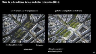 Sustainable mobility
Adaptation
Inclusion
+ Circular economy
+ Co-development
Place de la République before and after renovation (2013)
70 % for cars / 30 % for pedestrians 30 % for cars / 70 % for pedestrians
 