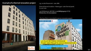133, rue des Poissonniers – year 1880
External thermal insulation + Heating gas + solar thermal panels
€ 1,200 / sqm
150 KWhEp/sqm/y BEFORE => 70 kWhEp/sqm/y AFTER
Division by 2 of consumptions
Example of a thermal renovation project
TheCity of Paris is committed to 1000 eco-renovation projects.
 