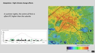 Source : Étude EPICEA (2012)
21°C 28°C
In summer nights, the centre of Paris is
often 8°C higher than the suburbs
Adaptation : Fight climate change effects
 