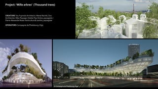 Project: ‘Mille arbres’ (Thousand trees)
© Compagnie de Phalsbourg /Ogic
CREATORS Sou FujimotoArchitects / Manal Rachdi,Oxo
Architectes / Moz Paysage / Atelier Paul Arène, paysagiste /
Pierre-Alexandre Risser Horticulture & Jardins, paysagiste
OPERATORS Compagnie de Phalsbourg / Ogic
 