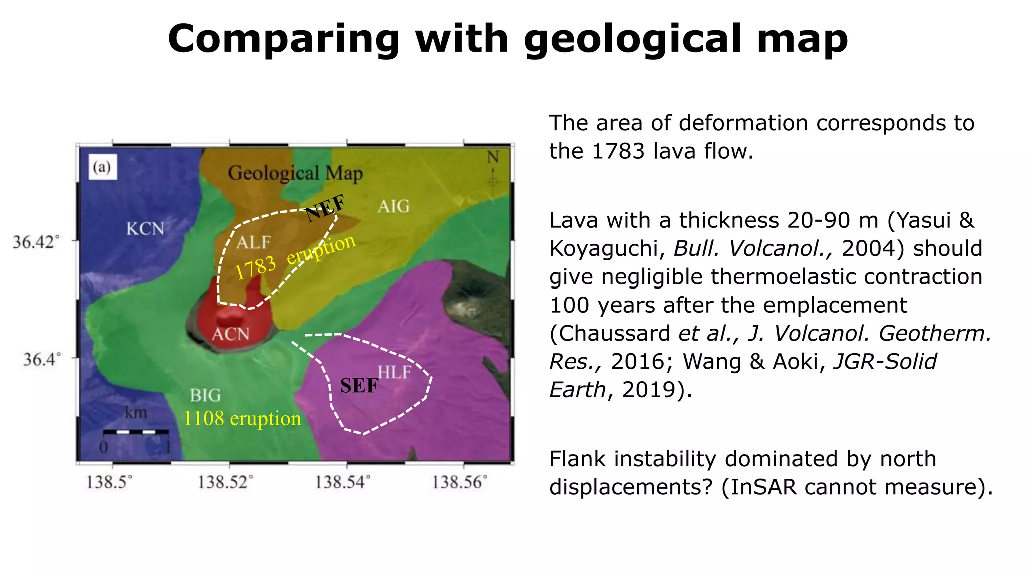SEF
Comparing with geological map
The area of deformation corresponds to
the 1783 lava flow.
Lava with a thickness 20-90 m (Yasui &
Koyaguchi, Bull. Volcanol., 2004) should
give negligible thermoelastic contraction
100 years after the emplacement
(Chaussard et al., J. Volcanol. Geotherm.
Res., 2016; Wang & Aoki, JGR-Solid
Earth, 2019).
Flank instability dominated by north
displacements? (InSAR cannot measure).
1108 eruption
 