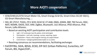 More AIOTI cooperation
19
• CEN/CENELEC/ETSI Smart Meter CG, Smart Energy Grid CG, Smart Cities CG (SF-SSCC),
CG-Smart Manufacturing, …
• ISO, IEC (TC57, TC65), JTC1 SC41 SC42 SC 27 AG8, OMA, GSMA, BBF, TM Forum, OGC,
NIST, NGMN, OASIS, OCF, AIM, ZigBee, Bluetooth, ULE Alliance, IPSO Alliance, IPv6
Forum, LoRa Alliance..
• Based on exisiting AIOTI participation and contribution levels
1. Light = IoT Landscape input & update, email exchanged
2. Participation = conf calls, meetings, surveys, reporting, inputs
3. Cooperation = liaison, work program sharing, join paper/release
4. Commitment = task/group/deliverbale leader or co-author
• Reaching consensus on recommendations, facilitating exchanges
• FoF/EFFRA, 5GIA, BDVA, ECSO, EIP-SCC (Urban Patforms), Eurocities, IoT
Forum, BSI, Hyper/CAT…
 