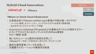 +
Copyright © 2019 Oracle and/or its affiliates.
Hybrid-Cloud Innovation:
VMware on Oracle Cloud Infrastructure
• お客様自身でVM...