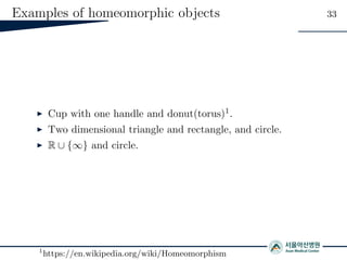 Examples of homeomorphic objects 33
Cup with one handle and donut(torus)1.
Two dimensional triangle and rectangle, and circle.
R ∪ {∞} and circle.
1
https://en.wikipedia.org/wiki/Homeomorphism
 