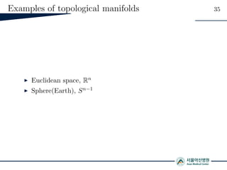 Examples of topological manifolds 35
Euclidean space, Rn
Sphere(Earth), Sn−1
 