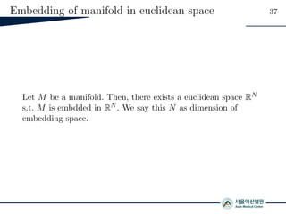 Embedding of manifold in euclidean space 37
Let M be a manifold. Then, there exists a euclidean space RN
s.t. M is embdded in RN . We say this N as dimension of
embedding space.
 