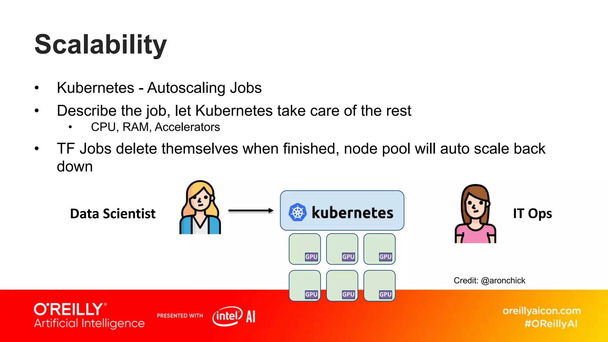 Scalability
• Kubernetes - Autoscaling Jobs
• Describe the job, let Kubernetes take care of the rest
• CPU, RAM, Accelerators
• TF Jobs delete themselves when finished, node pool will auto scale back
down
Data Scientist IT Ops
GPU GPU GPU
GPU GPU GPU
Credit: @aronchick
 