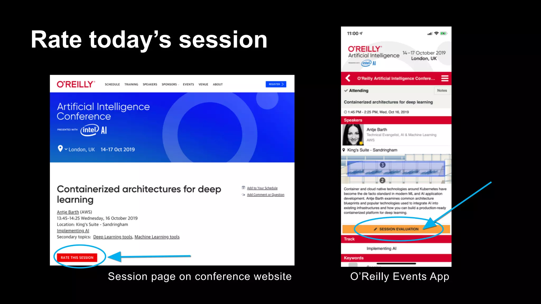 Session page on conference website O’Reilly Events App
Rate today’s session
 