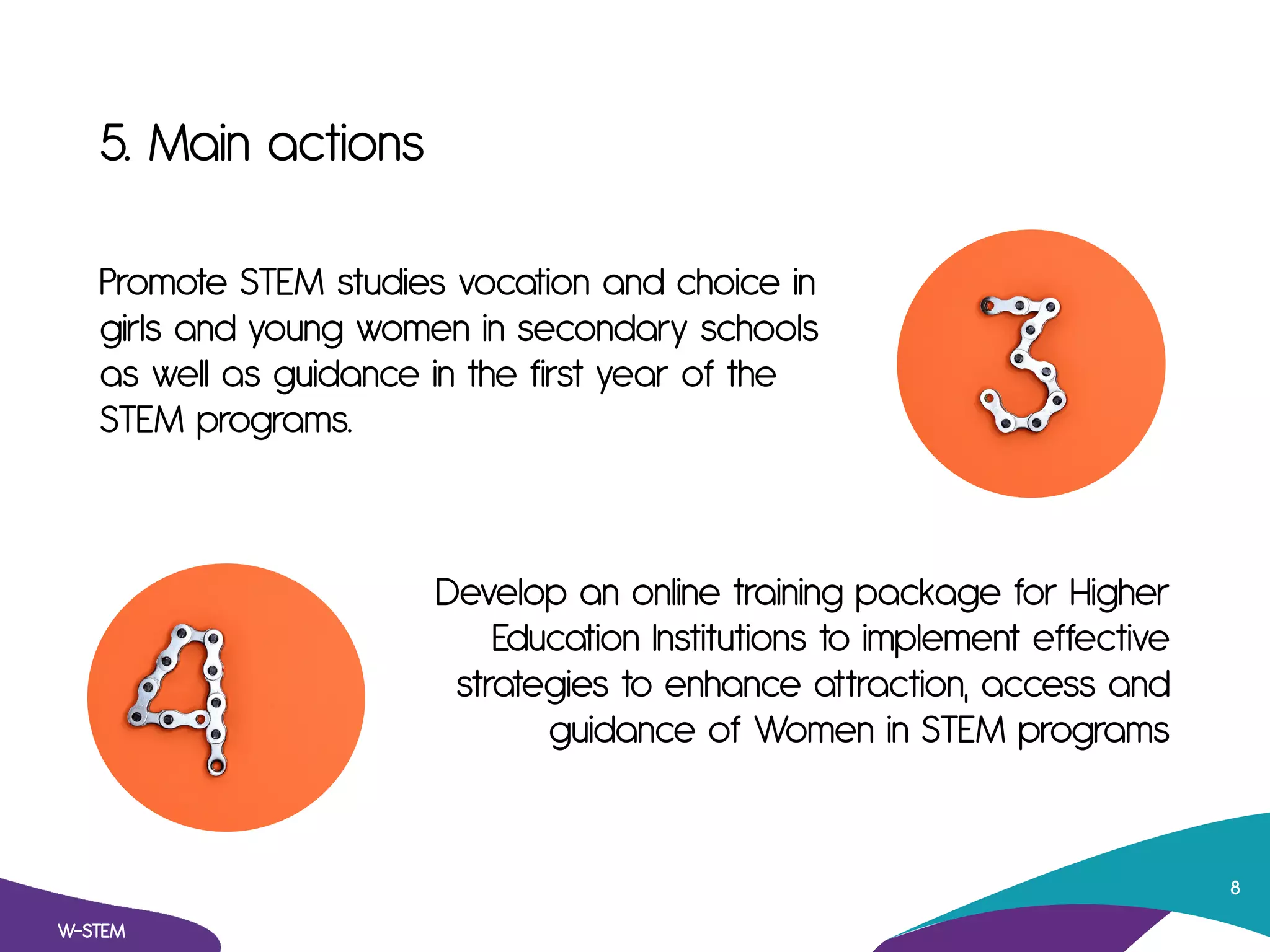 5. Main actions
Promote STEM studies vocation and choice in
girls and young women in secondary schools
as well as guidance in the first year of the
STEM programs.
W-STEM
8
Develop an online training package for Higher
Education Institutions to implement effective
strategies to enhance attraction, access and
guidance of Women in STEM programs
 