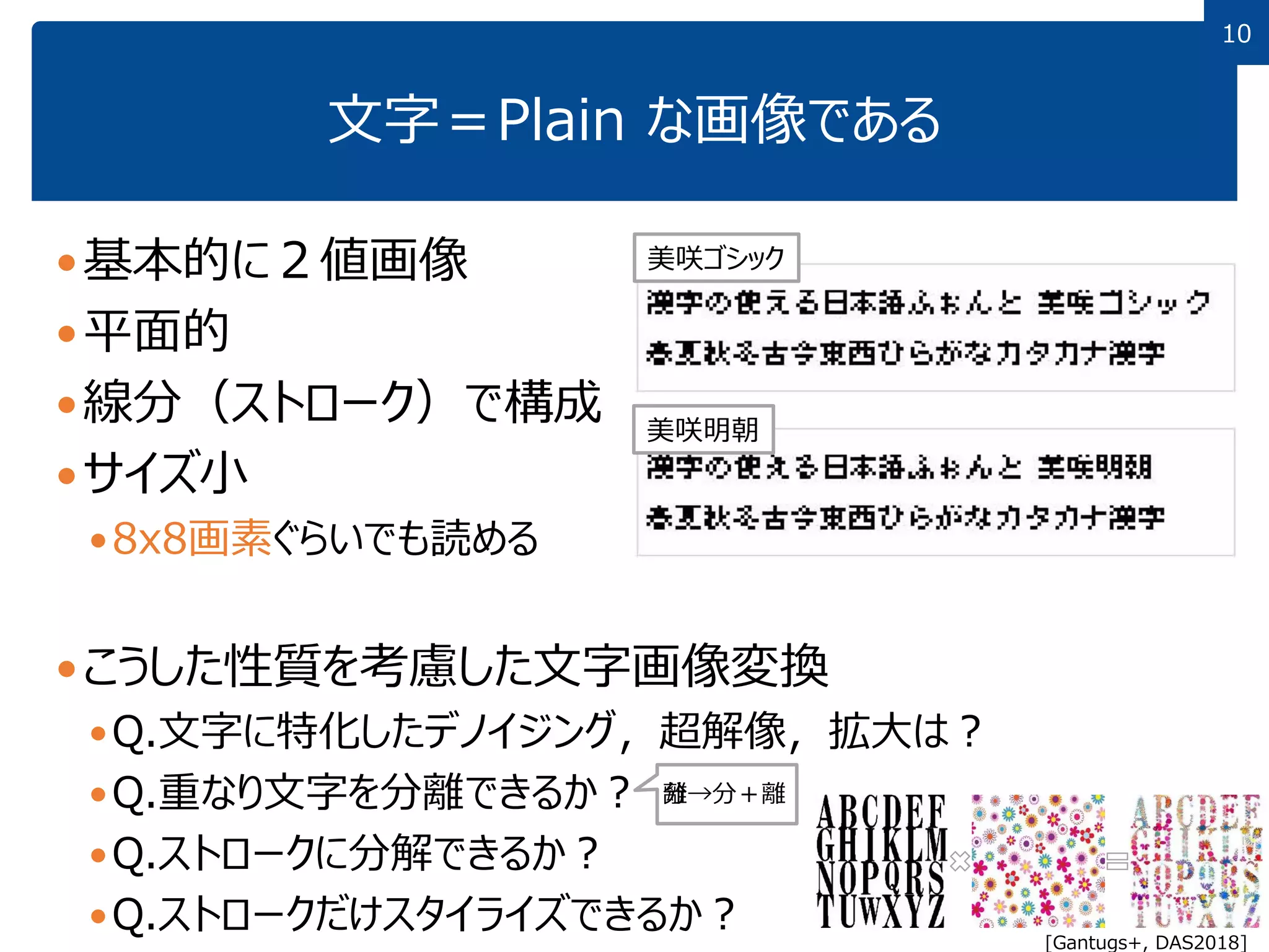 1010
文字＝Plain な画像である
基本的に２値画像
平面的
線分（ストローク）で構成
サイズ小
8x8画素ぐらいでも読める
こうした性質を考慮した文字画像変換
Q.文字に特化したデノイジング，超解像，拡大は？
Q.重なり文字を分離できるか？
Q.ストロークに分解できるか？
Q.ストロークだけスタイライズできるか？
美咲ゴシック
美咲明朝
[Gantugs+, DAS2018]
分離→分＋離
 