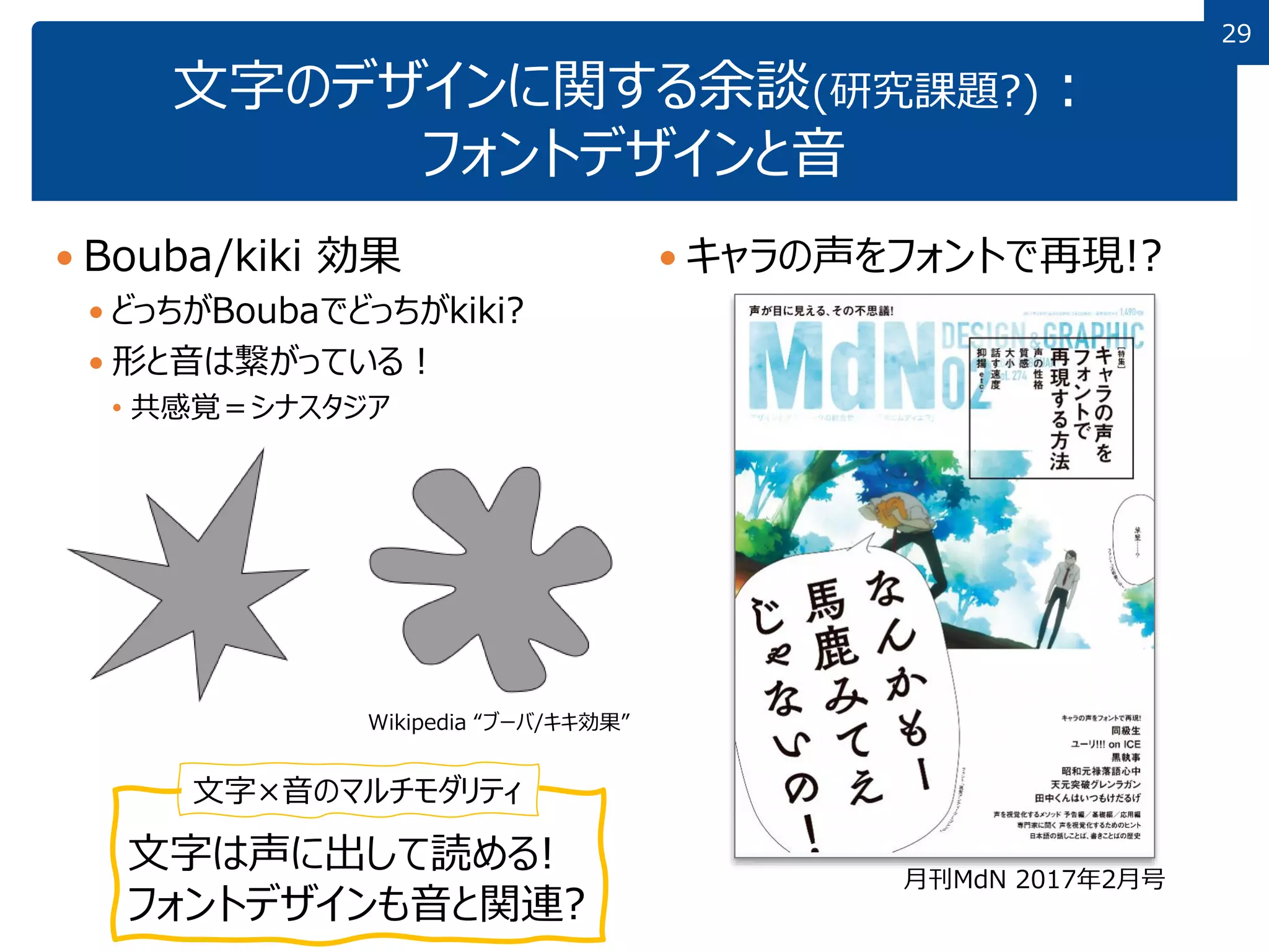 29
文字のデザインに関する余談(研究課題?)：
フォントデザインと音
 Bouba/kiki 効果
 どっちがBoubaでどっちがkiki?
 形と音は繋がっている！
• 共感覚＝シナスタジア
 キャラの声をフォントで再現!?
Wikipedia “ブーバ/キキ効果”
月刊MdN 2017年2月号
文字は声に出して読める!
フォントデザインも音と関連?
文字×音のマルチモダリティ
 