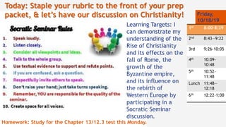 Learning Targets: I
can demonstrate my
understanding of the
Rise of Christianity
and its effects on the
fall of Rome, the
growth of the
Byzantine empire,
and its influence on
the rebirth of
Western Europe by
participating in a
Socratic Seminar
discussion.
Friday,
10/18/19
1st 8:00-8:39
2nd 8:43—9:22
3rd 9:26-10:05
4th 10:09-
10:48
5th 10:52-
11:48
Lunch 11:48—
12:18
6th 12:22-1:00
Today: Staple your rubric to the front of your prep
packet, & let’s have our discussion on Christianity!
Homework: Study for the Chapter 13/12.3 test this Monday.
 