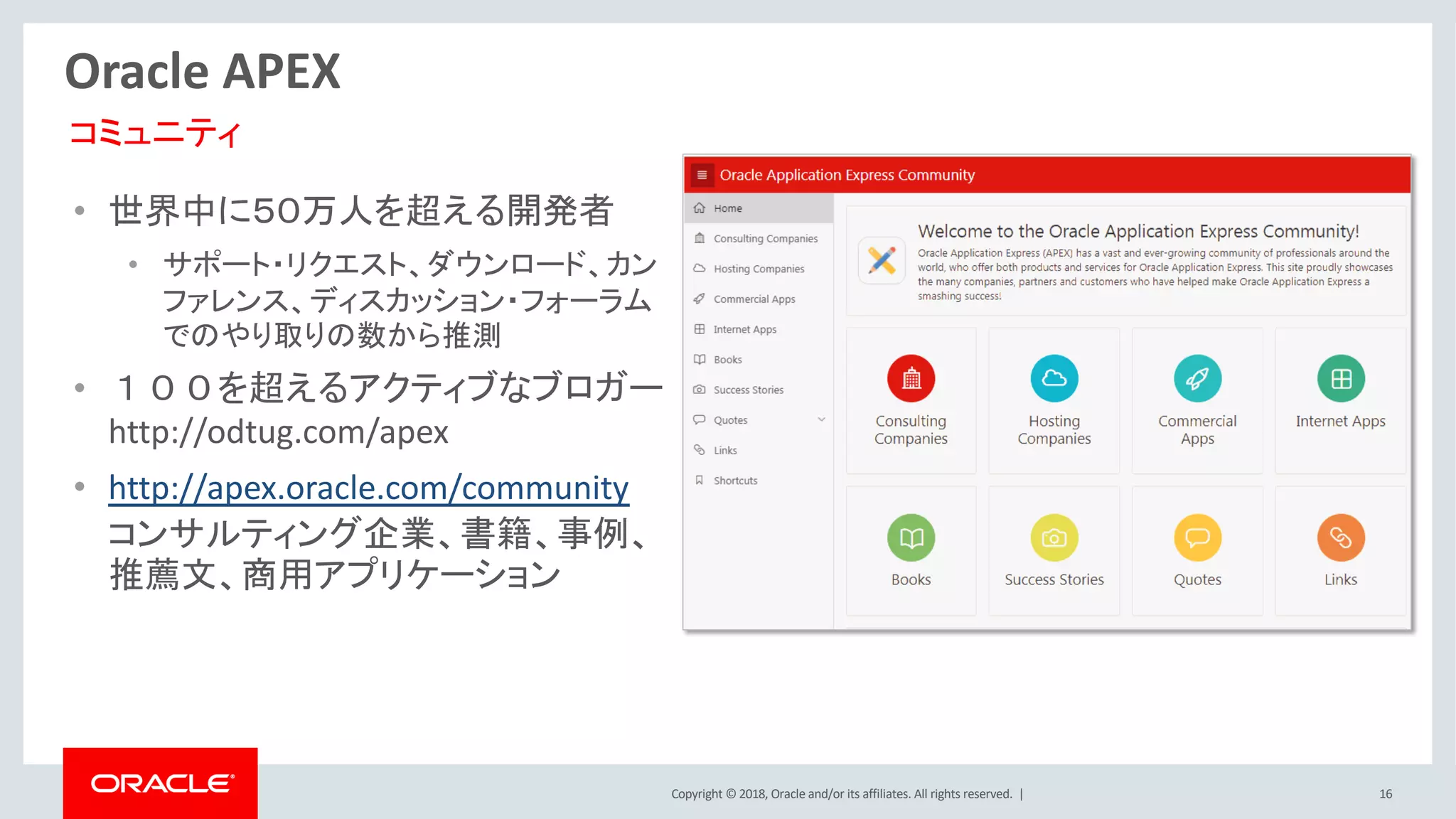 Copyright © 2018, Oracle and/or its affiliates. All rights reserved. | 16
• 世界中に５０万人を超える開発者
• サポート・リクエスト、ダウンロード、カン
ファレンス、ディスカッション・フォーラム
でのやり取りの数から推測
• １００を超えるアクティブなブロガー
http://odtug.com/apex
• http://apex.oracle.com/community
コンサルティング企業、書籍、事例、
推薦文、商用アプリケーション
コミュニティ
Oracle APEX
 