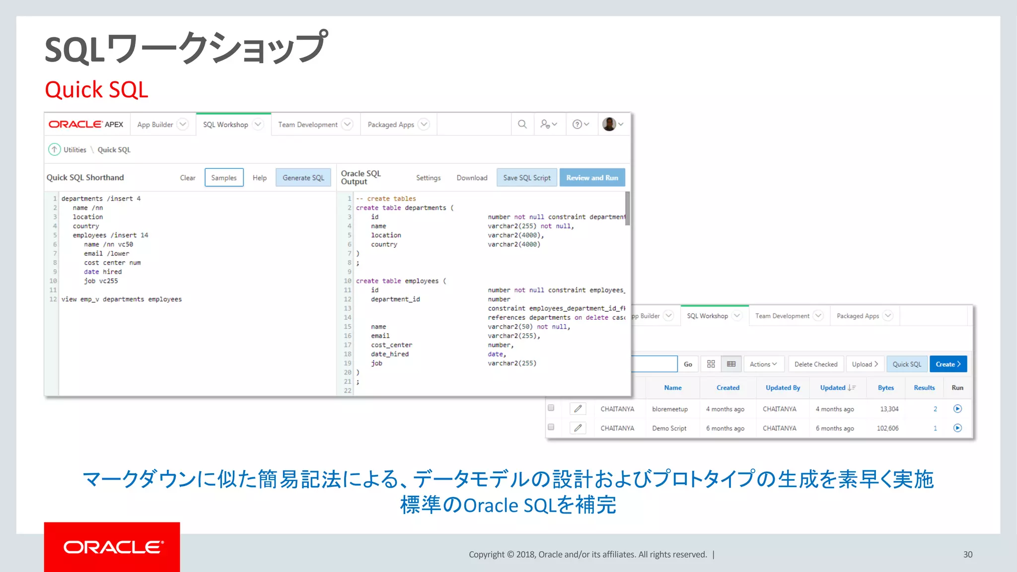 Copyright © 2018, Oracle and/or its affiliates. All rights reserved. | 30
SQLワークショップ
マークダウンに似た簡易記法による、データモデルの設計およびプロトタイプの生成を素早く実施
標準のOracle SQLを補完
Quick SQL
 