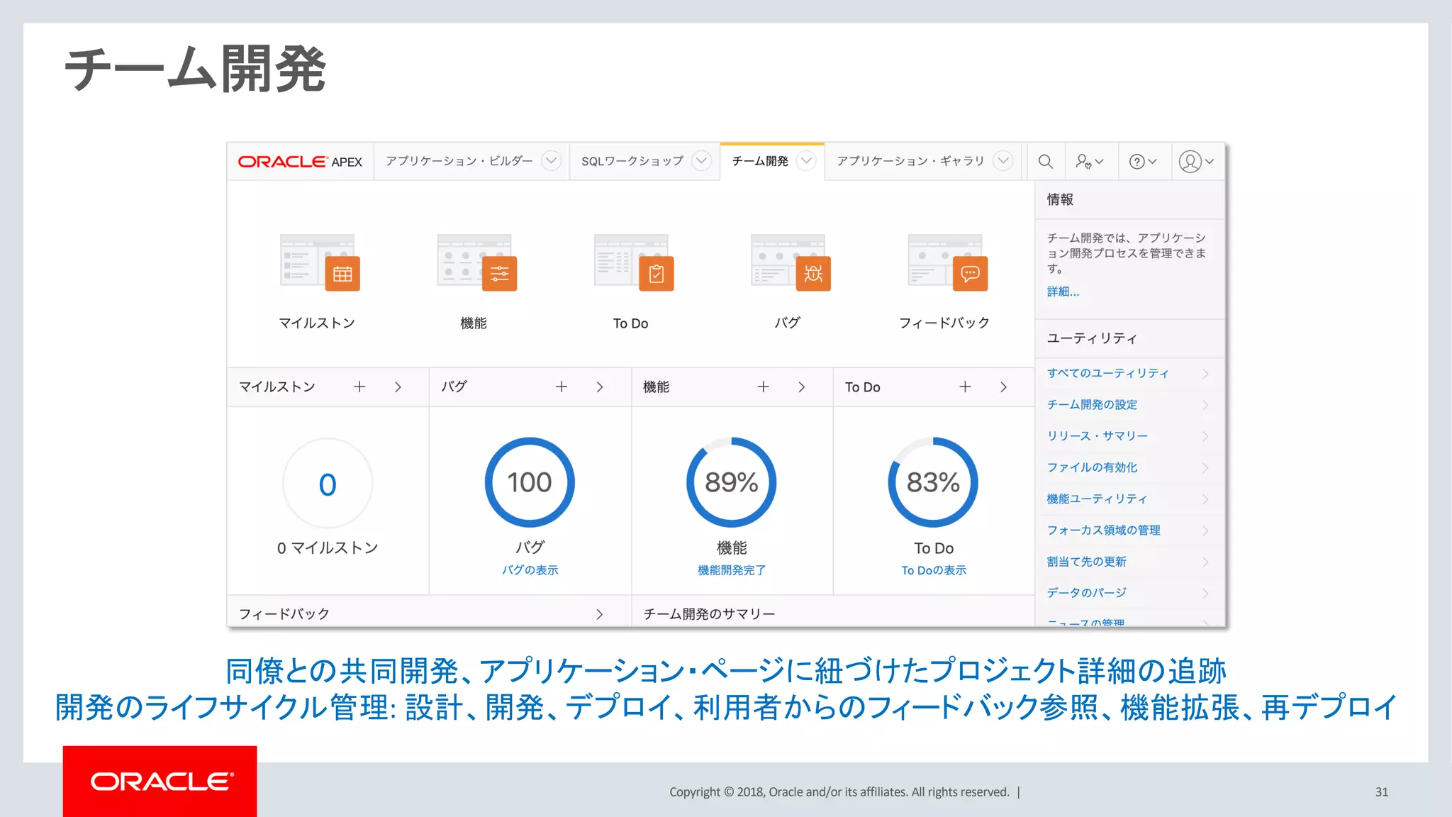Copyright © 2018, Oracle and/or its affiliates. All rights reserved. | 31
チーム開発
同僚との共同開発、アプリケーション・ページに紐づけたプロジェクト詳細の追跡
開発のライフサイクル管理: 設計、開発、デプロイ、利用者からのフィードバック参照、機能拡張、再デプロイ
 