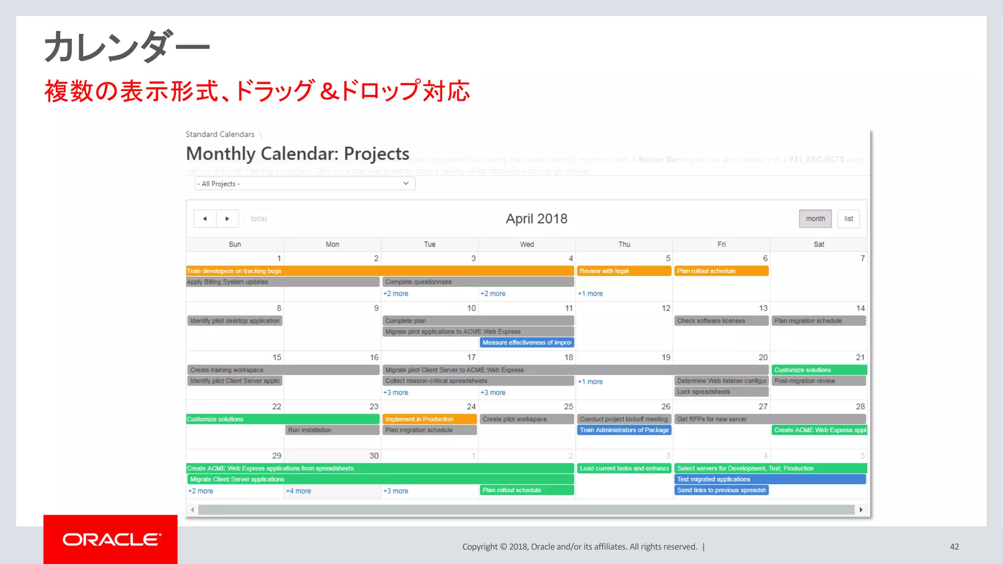 Copyright © 2018, Oracle and/or its affiliates. All rights reserved. | 42
カレンダー
複数の表示形式、ドラッグ＆ドロップ対応
 