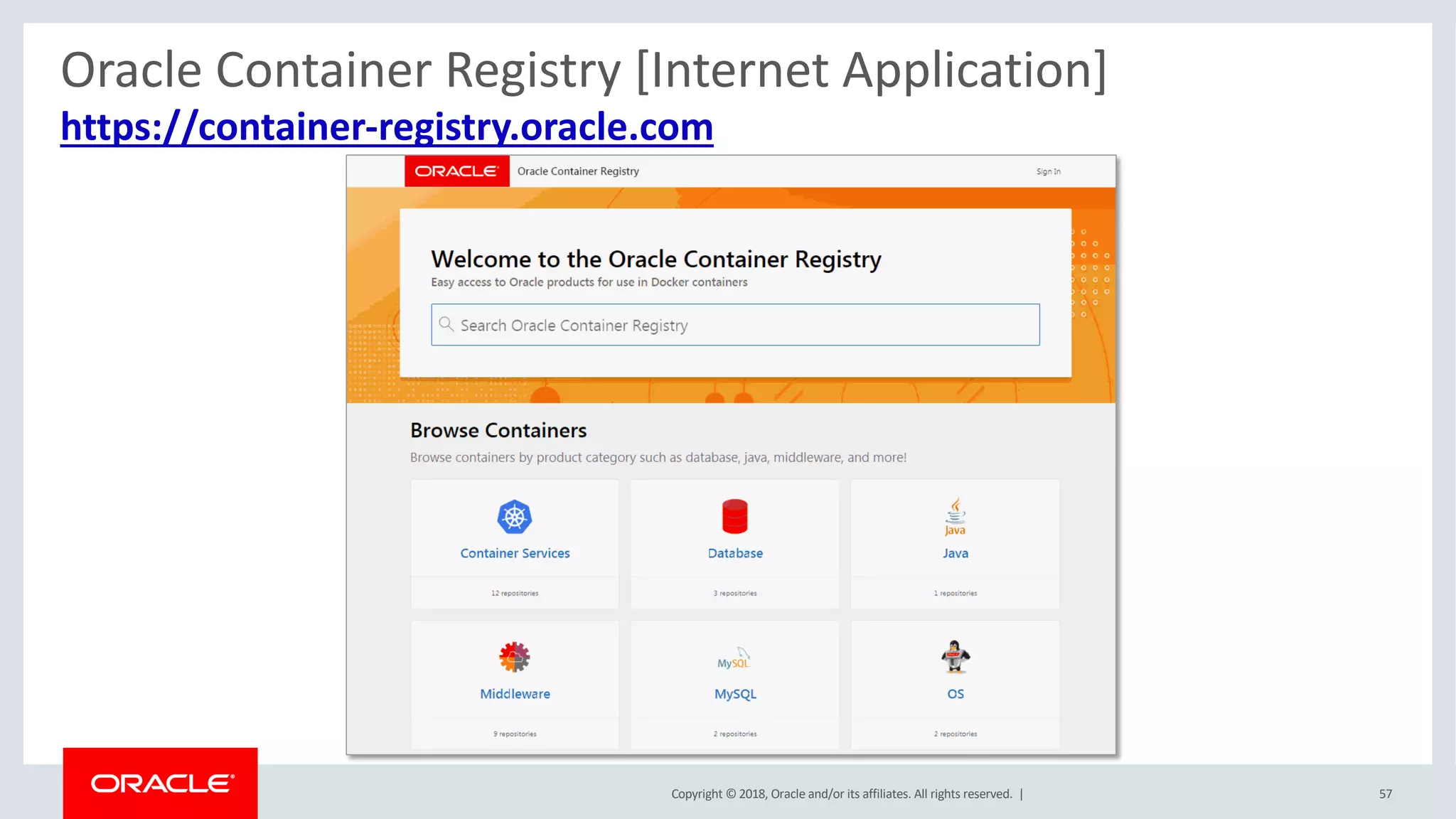 Copyright © 2018, Oracle and/or its affiliates. All rights reserved. | 57
https://container-registry.oracle.com
Oracle Container Registry [Internet Application]
 