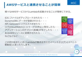 Copyright Management Service Corp. All Rights Reserved.
AWSサービスと連携させることが簡単
様々なAWSサービスからLambdaを起動させることが簡単にできる。
S3にファイルがアップロードされたら・・・
DynamoDBにデータが登録されたら・・・
API Gatewayにリクエストがきたら・・・
ログ(CloudWatch)にエラーがXX件以上発生したら・・・
アプリケーションのデプロイ(配備)が完了したら・・・
あるAWSリソースに変更がされたら・・・
などなどなど・・・
この何か起きたときにLambdaが動き出すのでイベントドリブン(イベント
駆動型)と言ったりします。
32
 