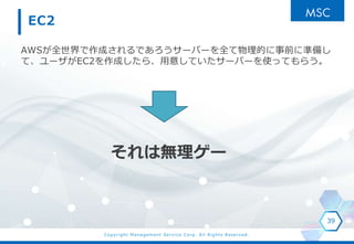 Copyright Management Service Corp. All Rights Reserved.
EC2
AWSが全世界で作成されるであろうサーバーを全て物理的に事前に準備し
て、ユーザがEC2を作成したら、用意していたサーバーを使ってもらう。
39
それは無理ゲー
 